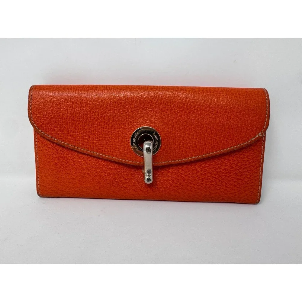 Kate Spade Orange Leather Turn Lock Wallet Clutch Card Slots Authentic